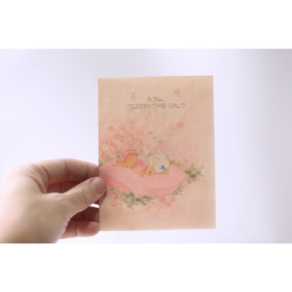 Baby Girl Sleeping on Pink Pillow, Sleepy-Time Gal, Pink Flowers, Adorable, Used